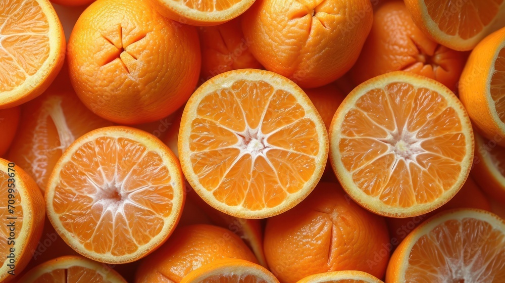 Poster a group of oranges cut in half and stacked on top of each other with a star in the middle.