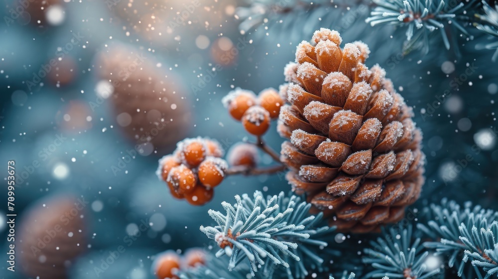 Poster a close up of a pine cone on a pine tree with snow flakes on it and a blurry background.