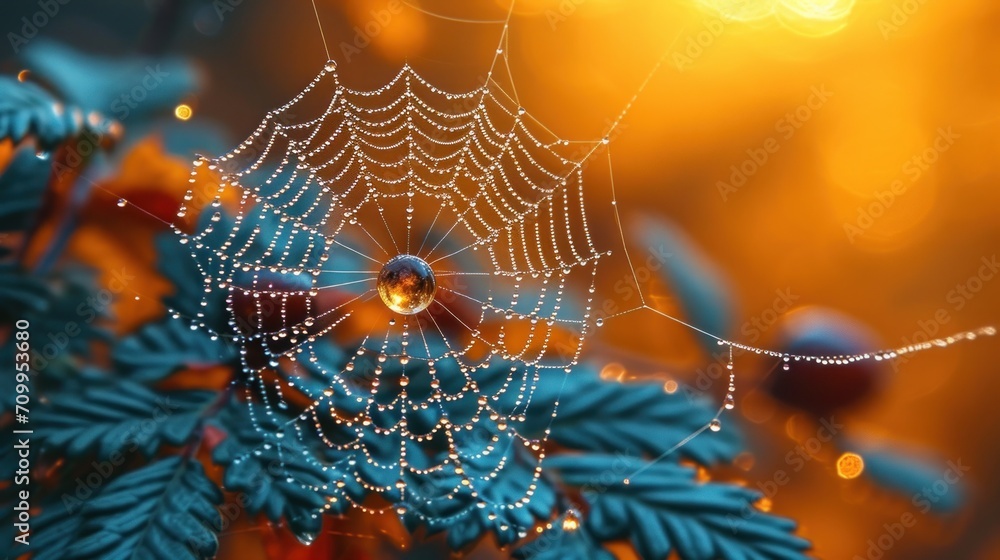 Poster a close - up of a spider web on a pine tree with dew drops on the spider's web.
