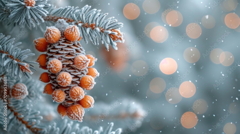 Poster a close up of a pine cone on a pine tree with snow flakes and a boke of lights in the background.