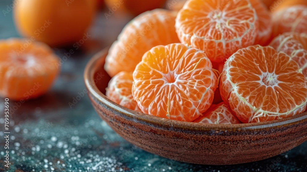 Poster a close up of a bowl of oranges on a table with other oranges in the background and a bowl of orange