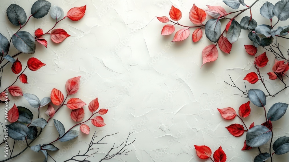 Poster a painting of red and grey leaves on a white background with a place for a text on the left side of 