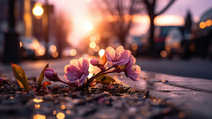 flowers on the ground, blurred city view  - obrazy, fototapety, plakaty