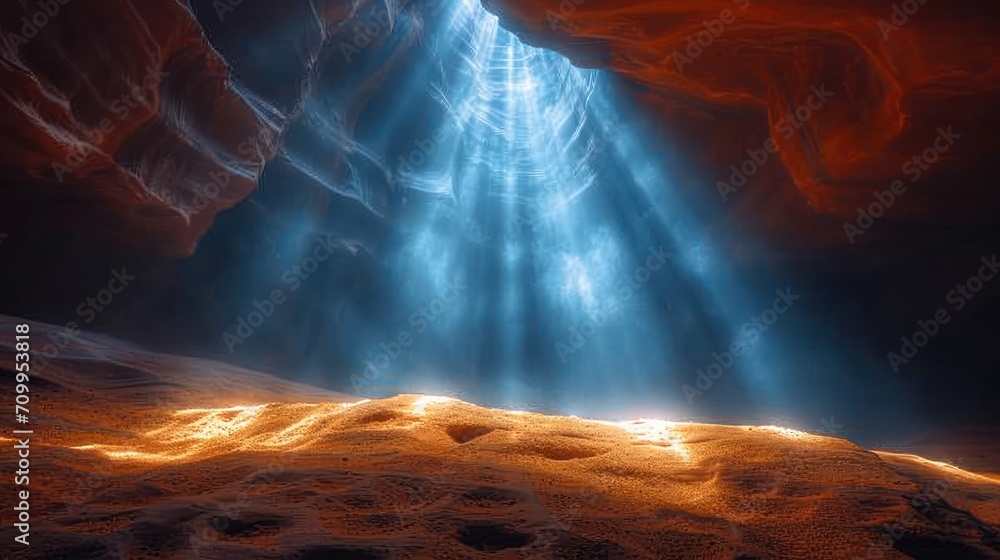 Poster a bright light shines into a cave with a bright light coming from the ceiling and a bright light com