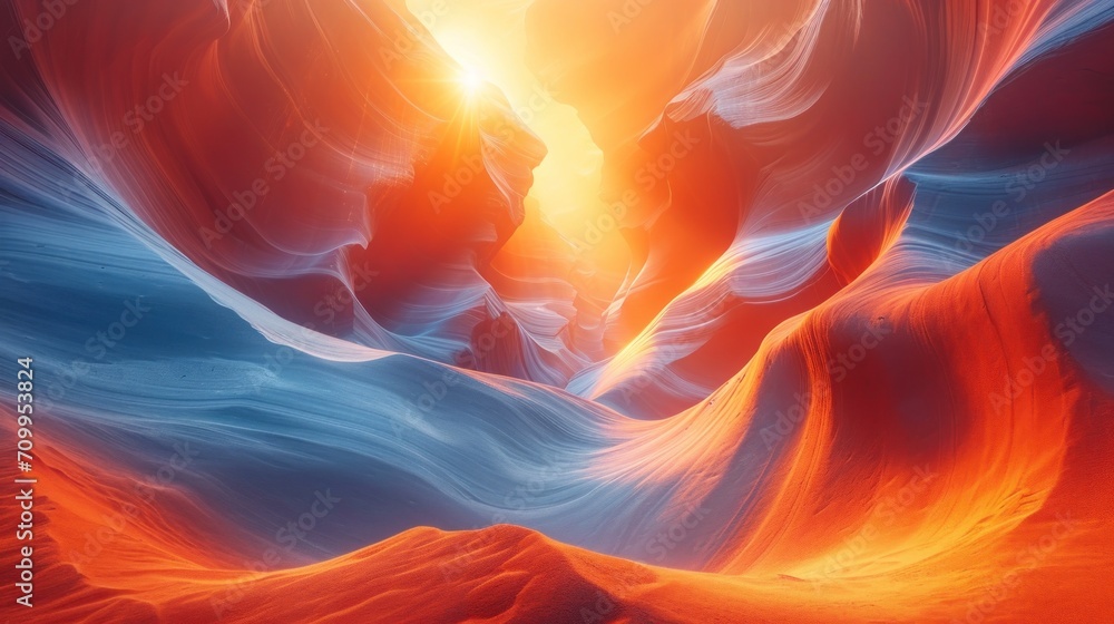Poster a computer generated image of a canyon with a sun setting in the middle of the canyon in the middle 
