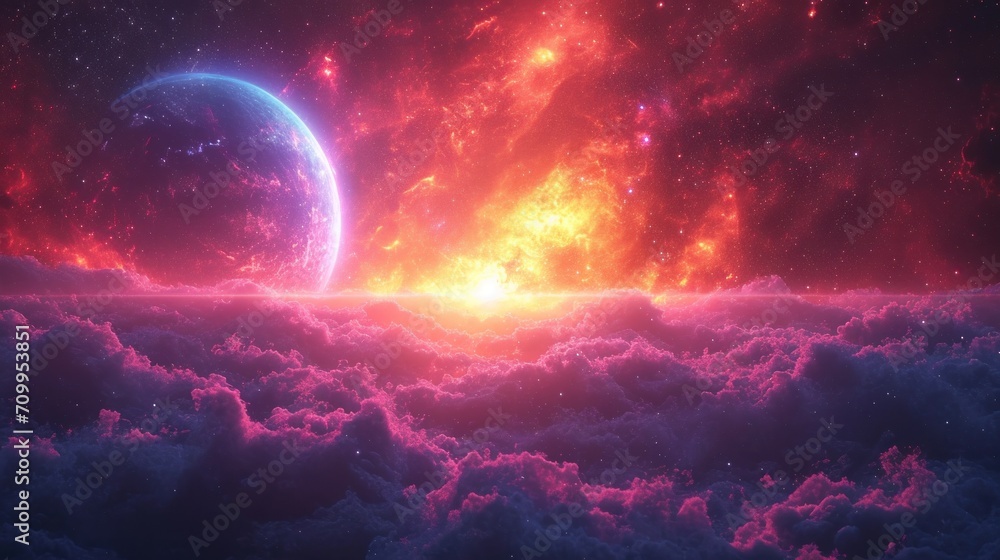 Poster an image of a space scene with a planet in the middle of the sky and clouds in the foreground.