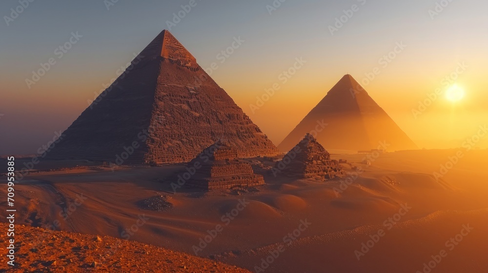 Aufkleber a group of pyramids in the desert with the sun setting in the backgrounge of the pyramids.