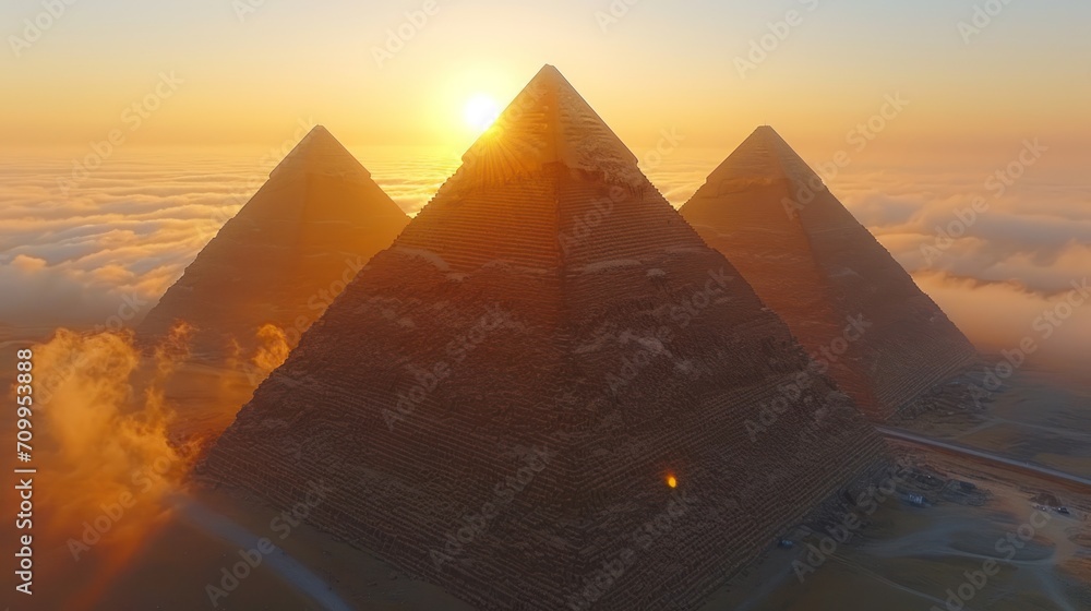Aufkleber three pyramids in the sky with the sun in the middle of the pyramids in the middle of the clouds.