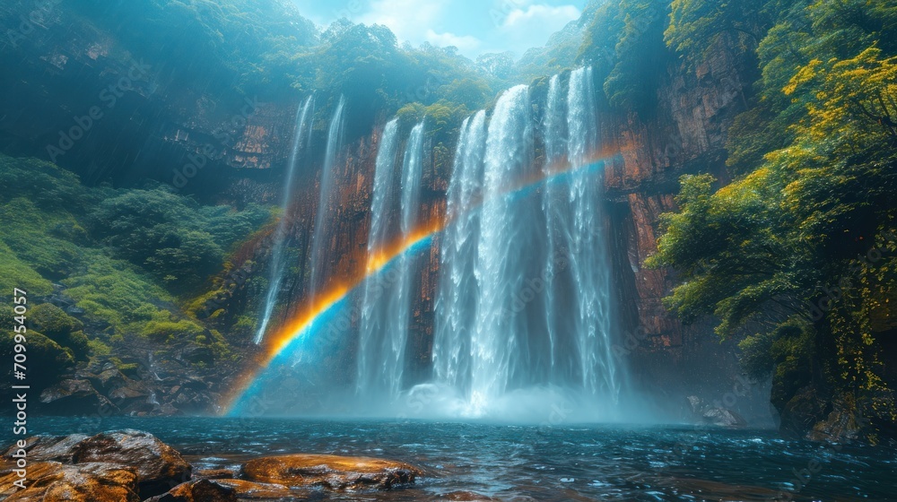 Poster  a rainbow in the middle of a waterfall with a rainbow in the middle of the waterfall and a rainbow in the middle of the waterfall.