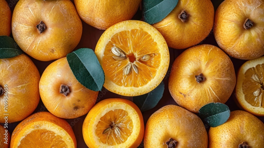 Aufkleber a group of oranges cut in half with leaves on the top and one sliced in half on the bottom.