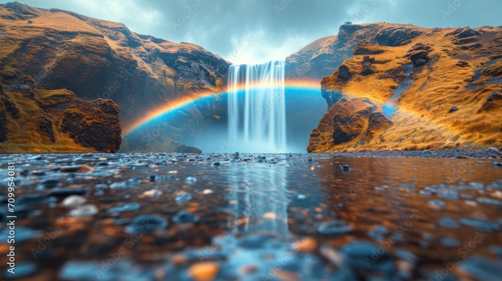 Poster a waterfall with a rainbow in the middle of it and a rainbow in the middle of the water in front of 