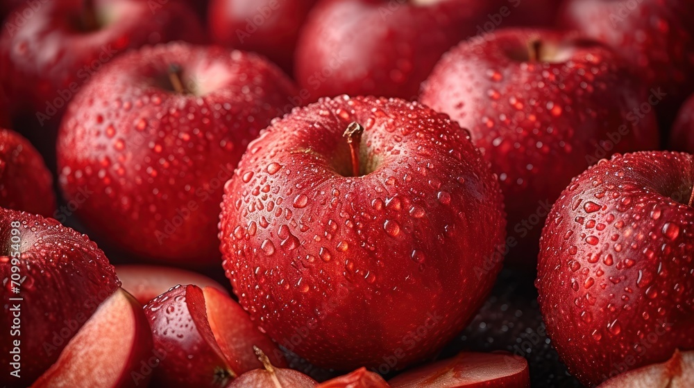 Poster a pile of red apples with drops of water on them and one of the apples has a bite taken out of it.