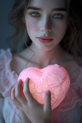 Closeup of beautiful girl with blue eyes holding pink shining heart. Romantic, Valentine's composition.