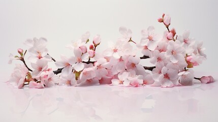 f a composition where soft pink flowers bloom against a flawlessly white surface.