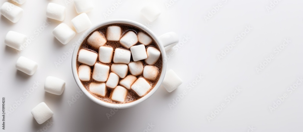 Poster a top-down image of a cocoa mug with marshmallows, white background.