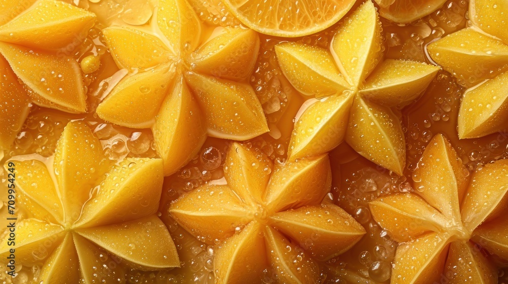 Poster a group of sliced oranges sitting on top of a table next to a pile of water droplets on top of them.