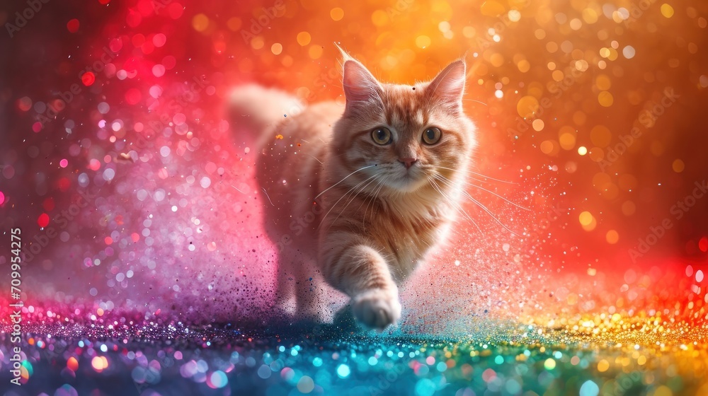 Poster a close up of a cat walking on a surface with a blurry background and colorful lights in the backgro