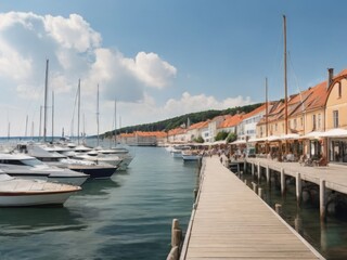 Fototapeta na wymiar pier with yachts in a fictional European town