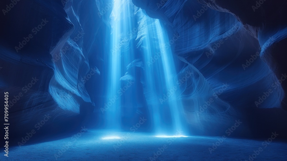 Poster a person standing in front of a waterfall in a dark cave, illuminated by a light at the bottom the p