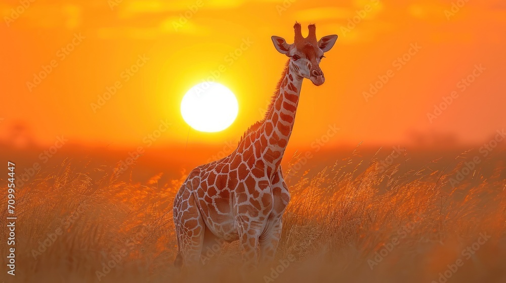 Aufkleber a giraffe standing in the middle of a field with the sun setting in the distance in the background.