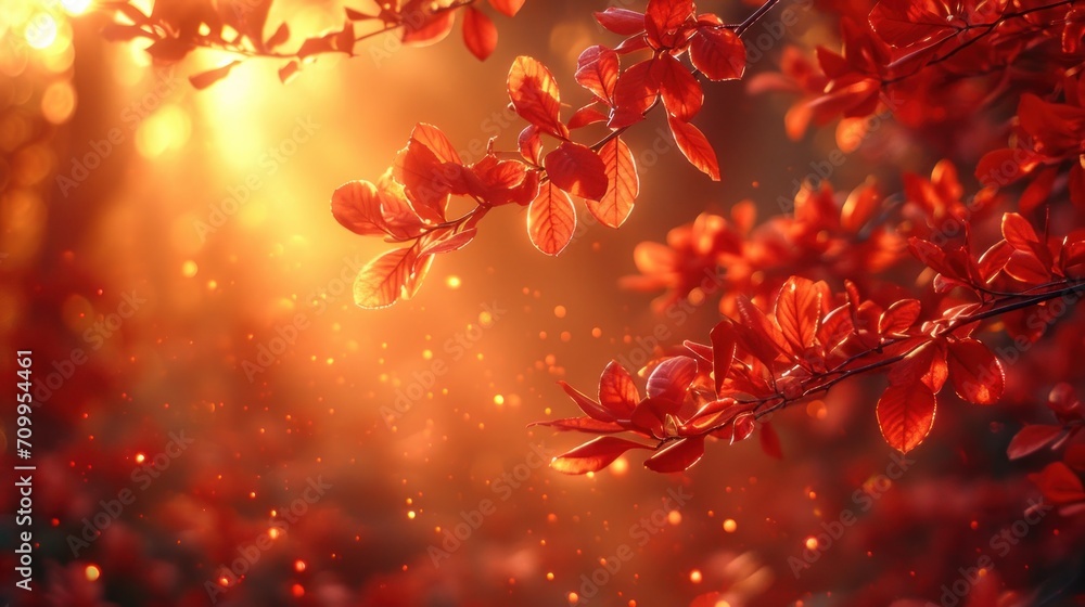Poster a branch of a tree with red leaves in front of a yellow and black background with the sun shining th