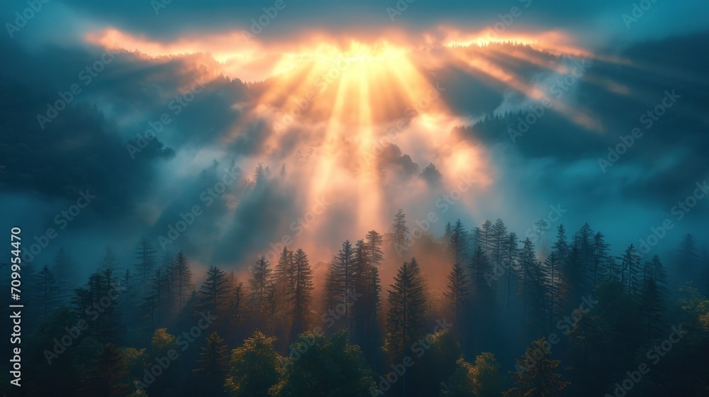 Poster a painting of the sun shining through the clouds over a forest with pine trees in the foreground and