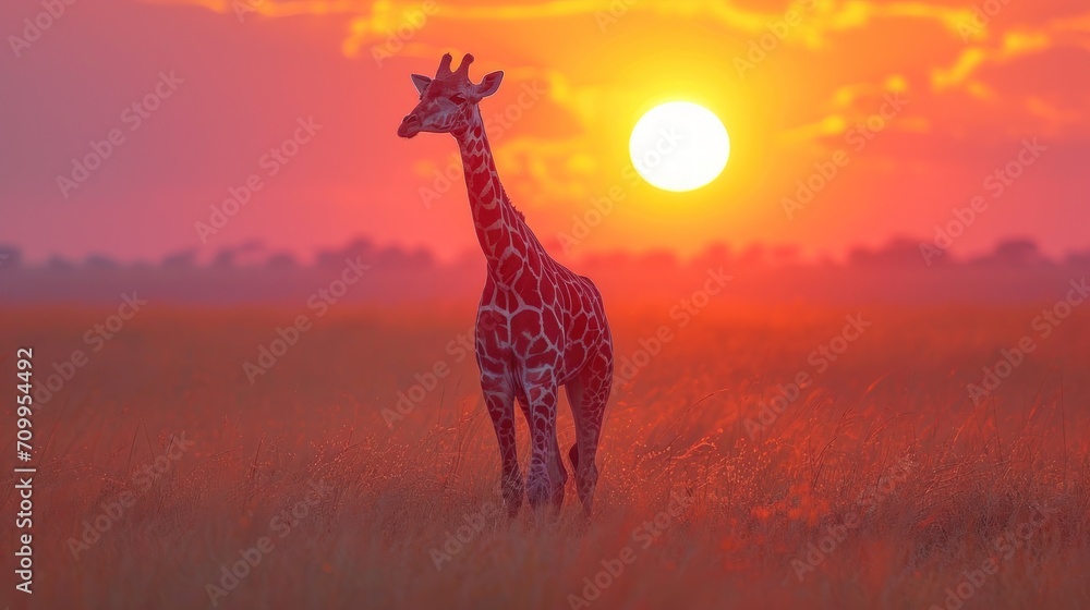 Poster a giraffe standing in the middle of a field with the sun setting in the sky in the background.
