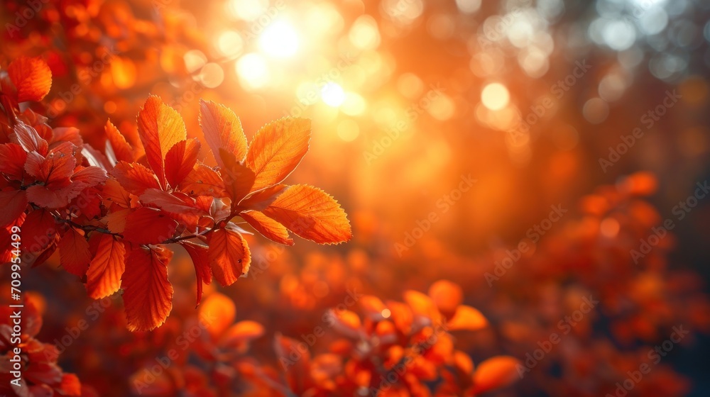Poster a close up of a tree branch with red flowers in the foreground and the sun shining through the trees