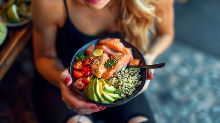 A bowl of nutritious, power-packed food, ideal for promoting overall health, supporting muscle growth, and aiding in weight loss - obrazy, fototapety, plakaty