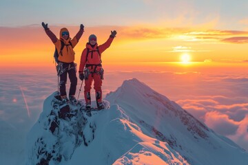 Two cheerful mountain climbers standing on the peak of a mountain at sunset  - obrazy, fototapety, plakaty