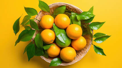 freshly picked tangerines in a basket on the table 