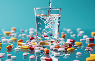 Diet, nutrition, healthy eating concept. Assorted pharmaceutical medicine pills, tablets and capsules and glass of water for pouring over blue background
