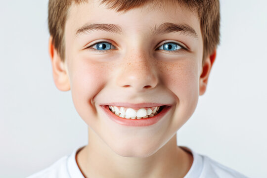 Captivating Dental Advertisement: Radiant Smiles of a Charming Young Boy with Immaculate Teeth and Stylish Long Hair, Showcased in a Close-Up Portrait on a Clean White Background.