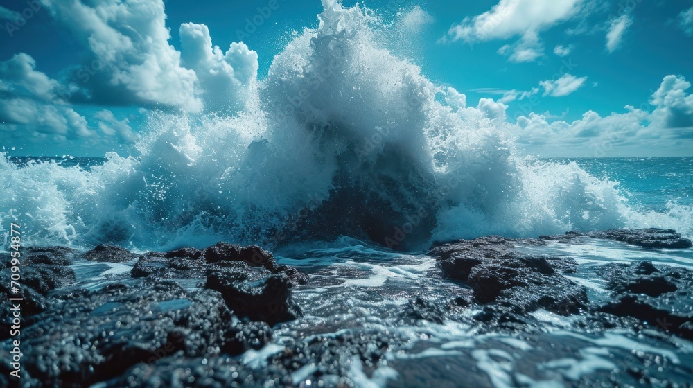 Poster a large wave crashing over rocks in the ocean with a blue sky and clouds in the backgrouund.