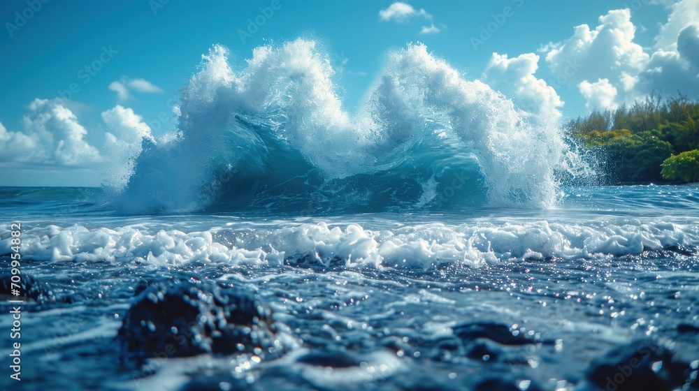 Poster a large wave crashing into the shore of the ocean with a blue sky and clouds in the background and a