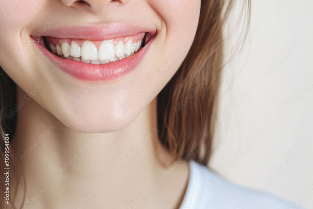 Wall mural radiant smile: captivating close-up of a youthful teenage beauty showcasing immaculate teeth in a de