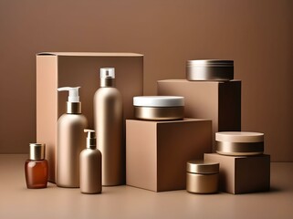 Composition of boxes and cosmetic bottles on brown background 
