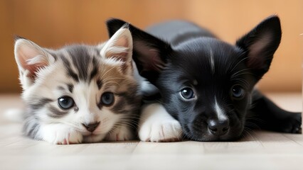 Fototapeta na wymiar Puppy and kitten lying side by side.
