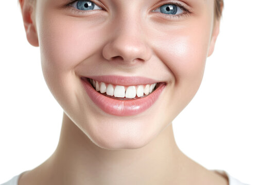 Radiant Smile: Captivating Close-Up of a Youthful Teenage Beauty Showcasing Immaculate Teeth in a Dental Advertisement. Featuring a Lovely Girl with Chic, Flowing Hair Against a Clean White Background