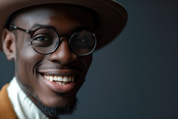 Celebrate Your Radiant Smile: Captivating Close-Up Portrait of a Stylish African-American Gentleman, Grinning with Immaculate Teeth – Perfect for a Dental Advertisement. Set Against a Clean grey Back.