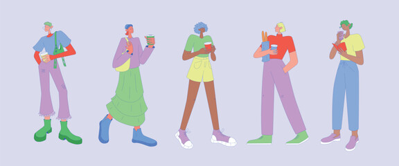 Series of Illustrations featuring Girls with a Coffee Cup in Hand. Fashionable, Stylish, Young People. Full-length standing pose. People of various races. Women in different Outfits. Customers in a co