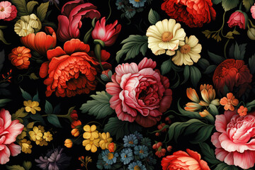 Obraz na płótnie Canvas Elegant seamless floral pattern, colorful flowers on dark background, Valentine day holiday art card