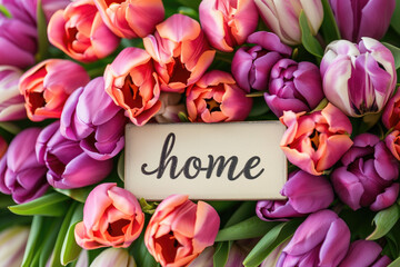 Bouquet colorful tulips with home sign