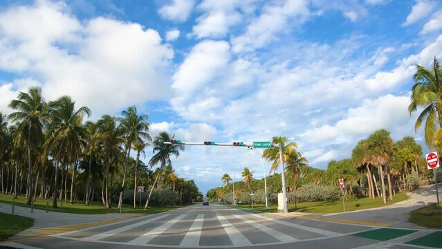 Driving in Key Biscayne under a cloudy sky. Florida, USA