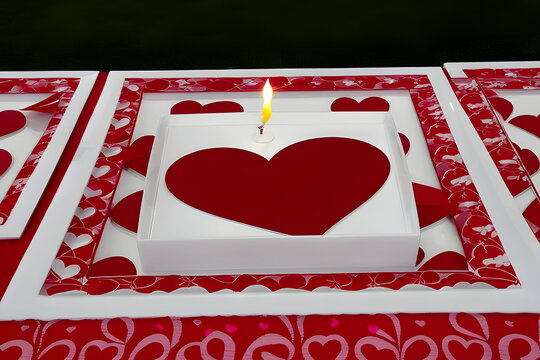 Red hearts on white Valentine's Day red and white hearts on red background a candle in middle