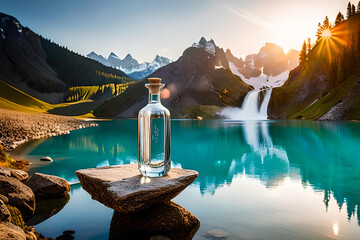 transparent bottle advertising  in a beautiful lagoon - obrazy, fototapety, plakaty