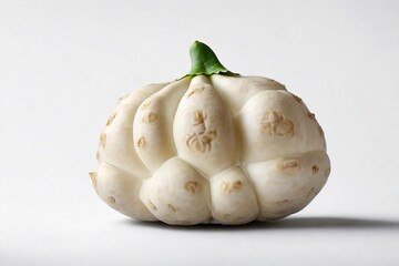 Close-up view of a rare white pumpkin-like fruit with green leaf on top, isolated on white background - obrazy, fototapety, plakaty