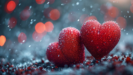 Valentines day Background of two red heart shape love made with glowing glitter bokeh image