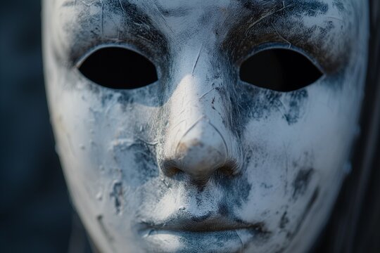 Close-up of a Weathered White Mask with Black Empty Eye Sockets and Textured Details
