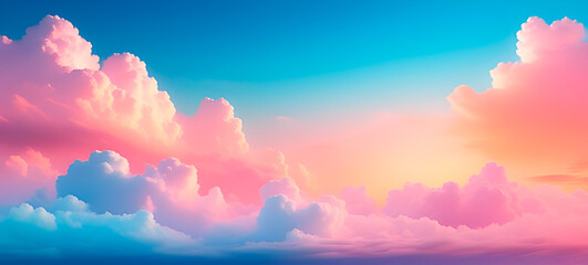 Beautiful serene pastel blue pink and yellow sky with clouds. Colorful sunrise or sunset. Wide. Panoramic view.